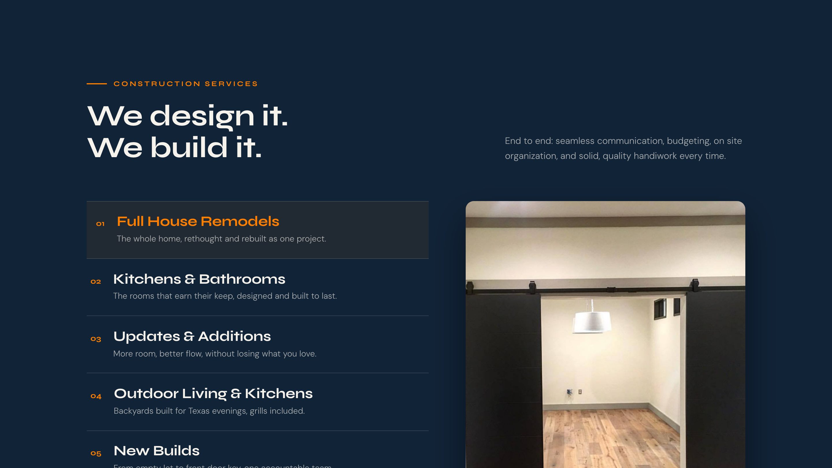 The construction services section of the new homepage
