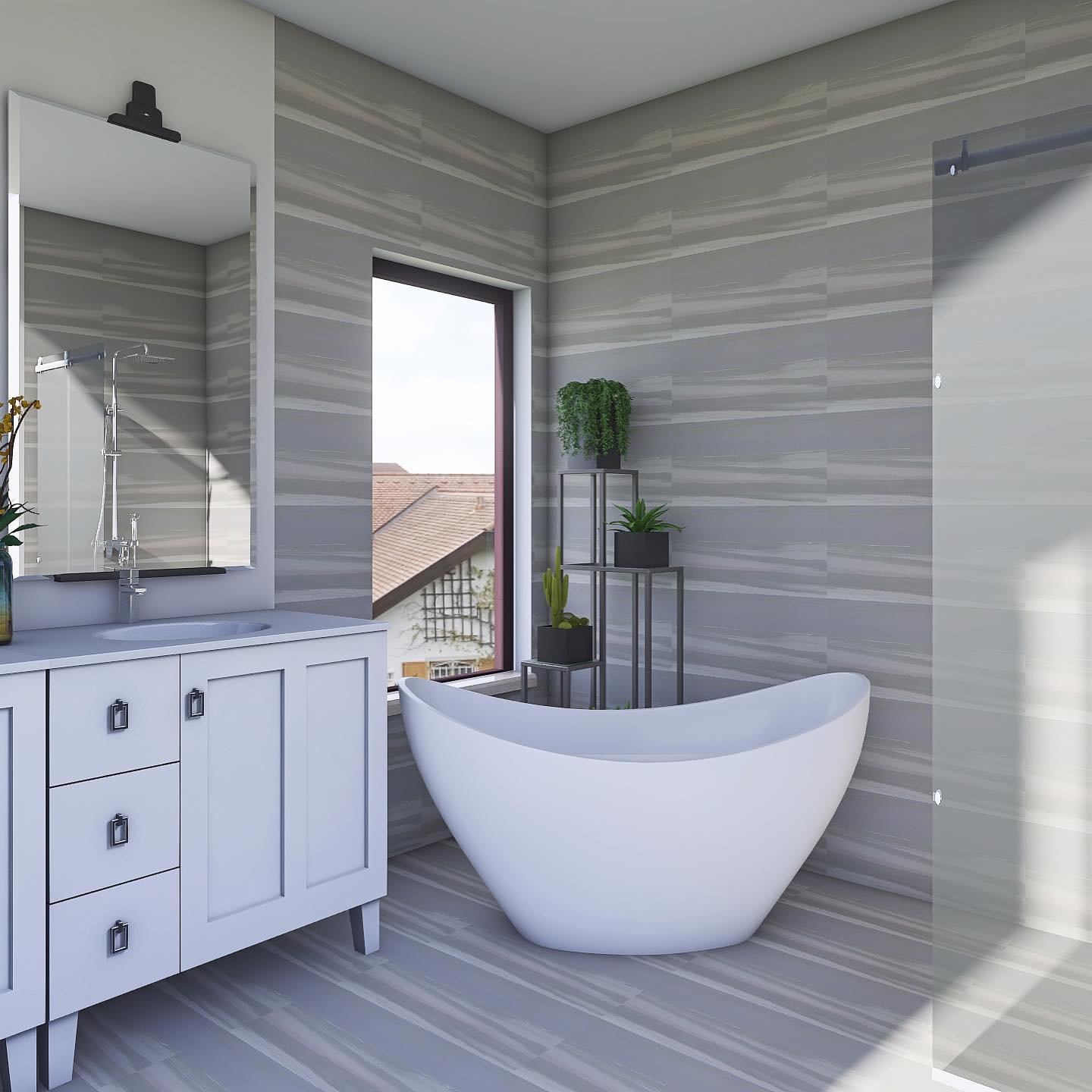Bathroom with freestanding tub and striated tile