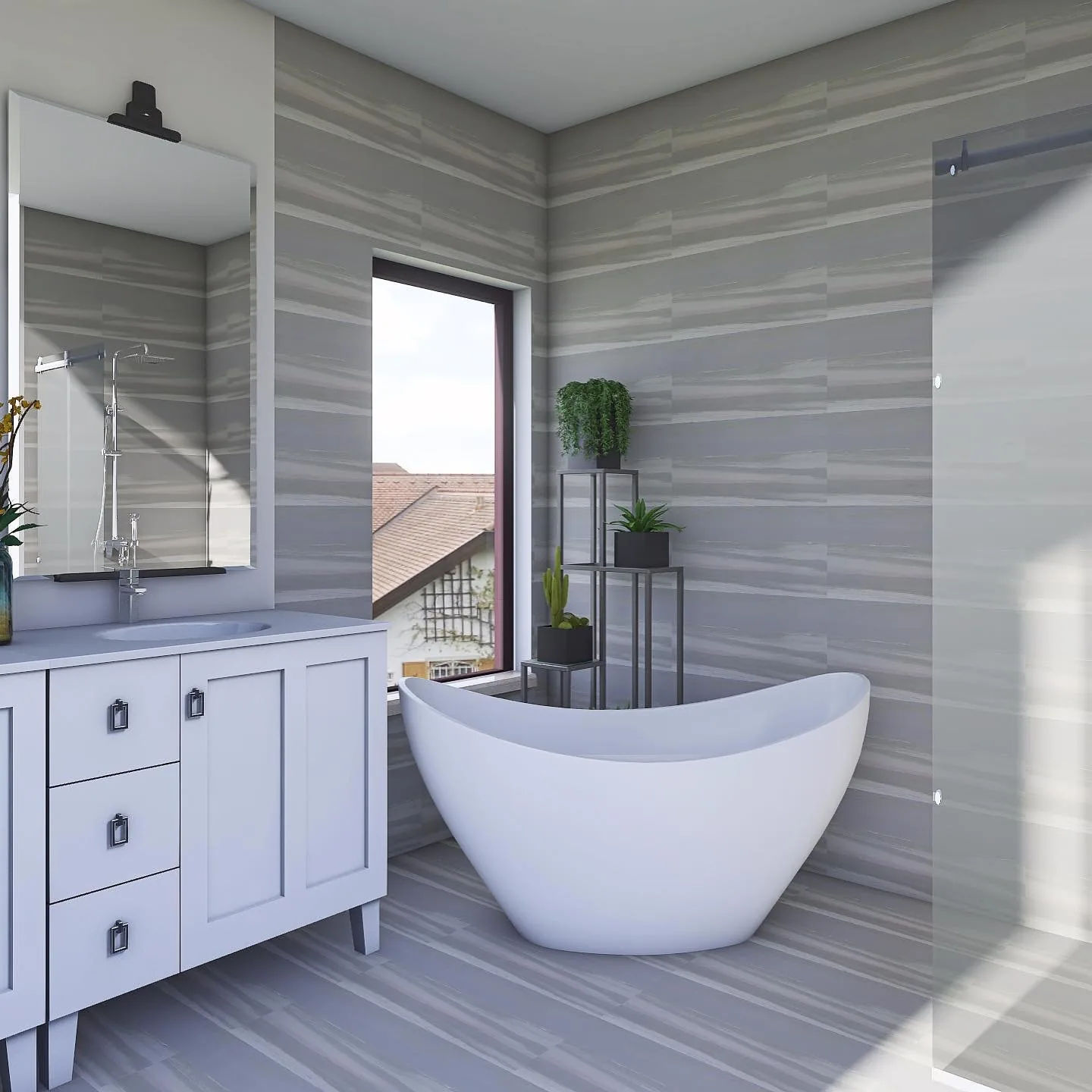 Bathroom with freestanding tub and striated tile